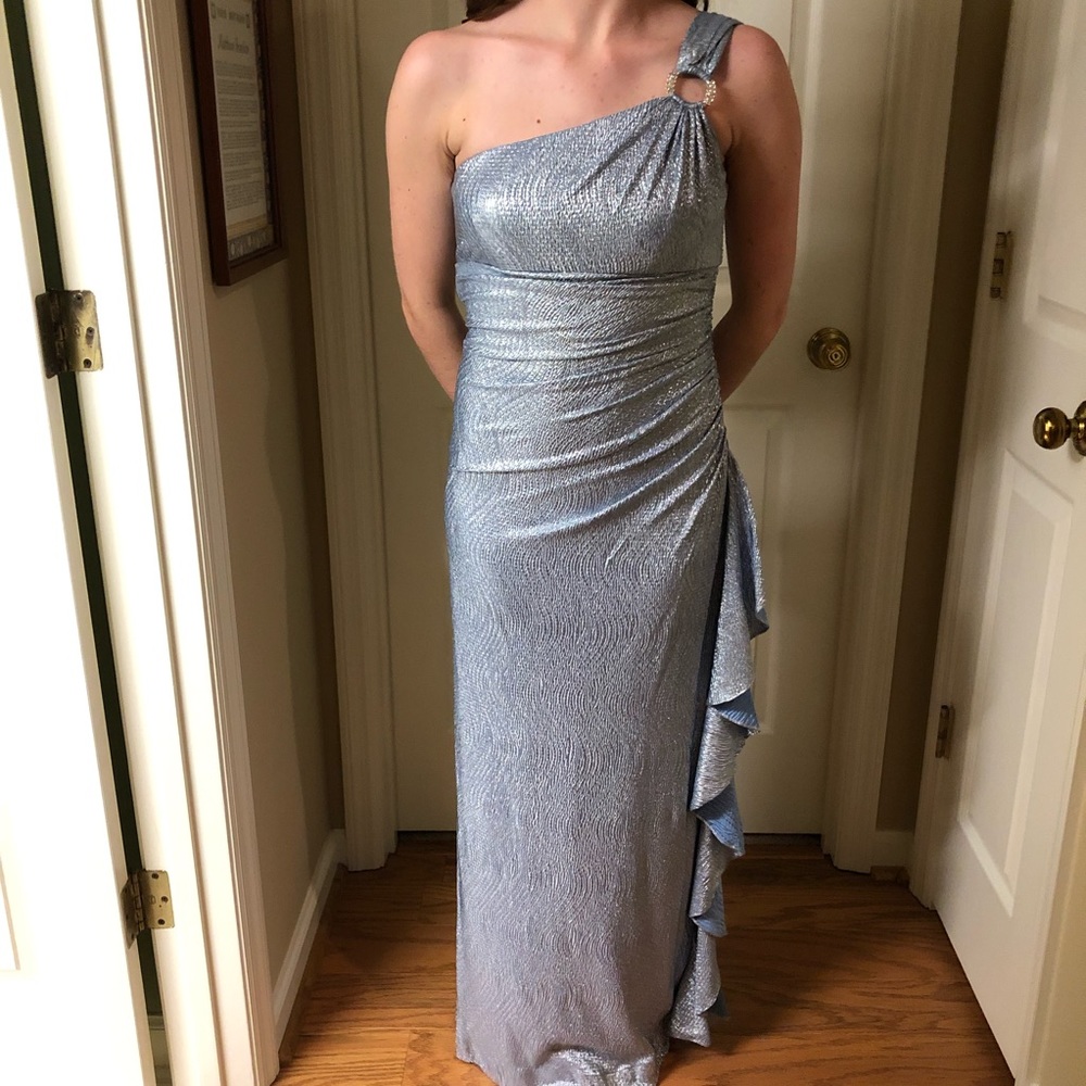 Metallic silver blue prom dress